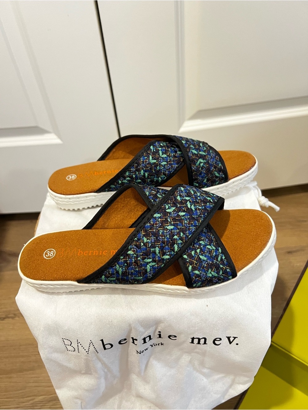 bernie mev. Blue Green Mosaic Cross-Strap Slide Sandals